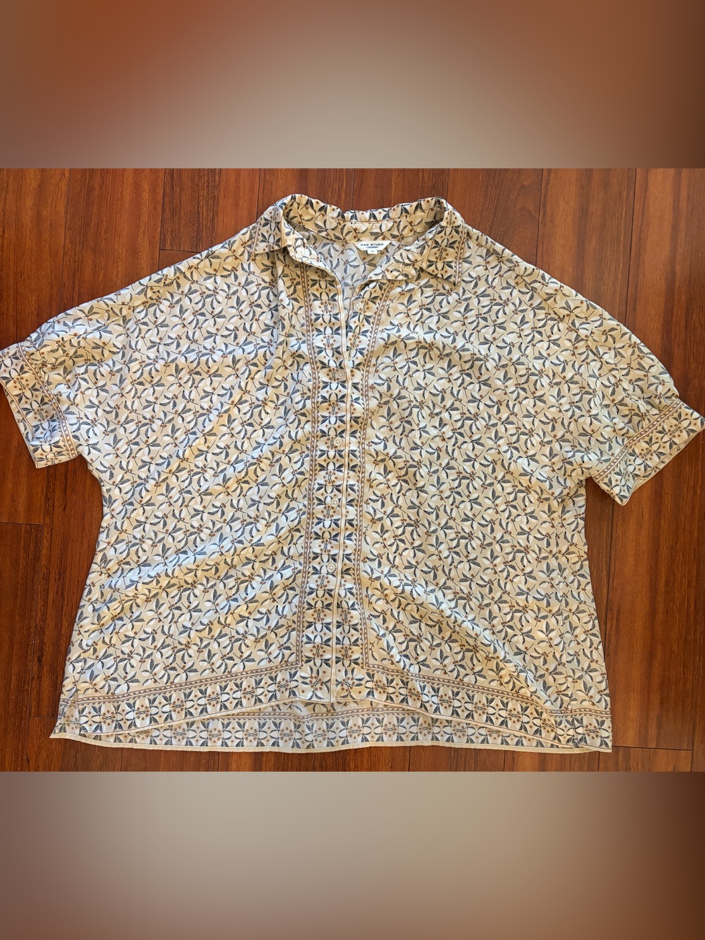 Max Studio Beige and Navy Leaf Printed Short-Sleeve Button Shirt